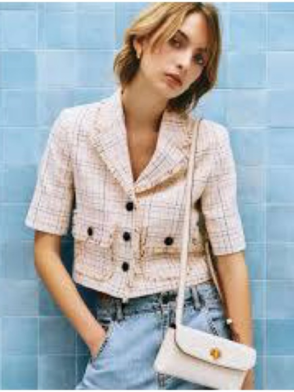 ME+EM Cropped Pale peach Tweed Blazer with Frayed Trim - Picture 2 of 8